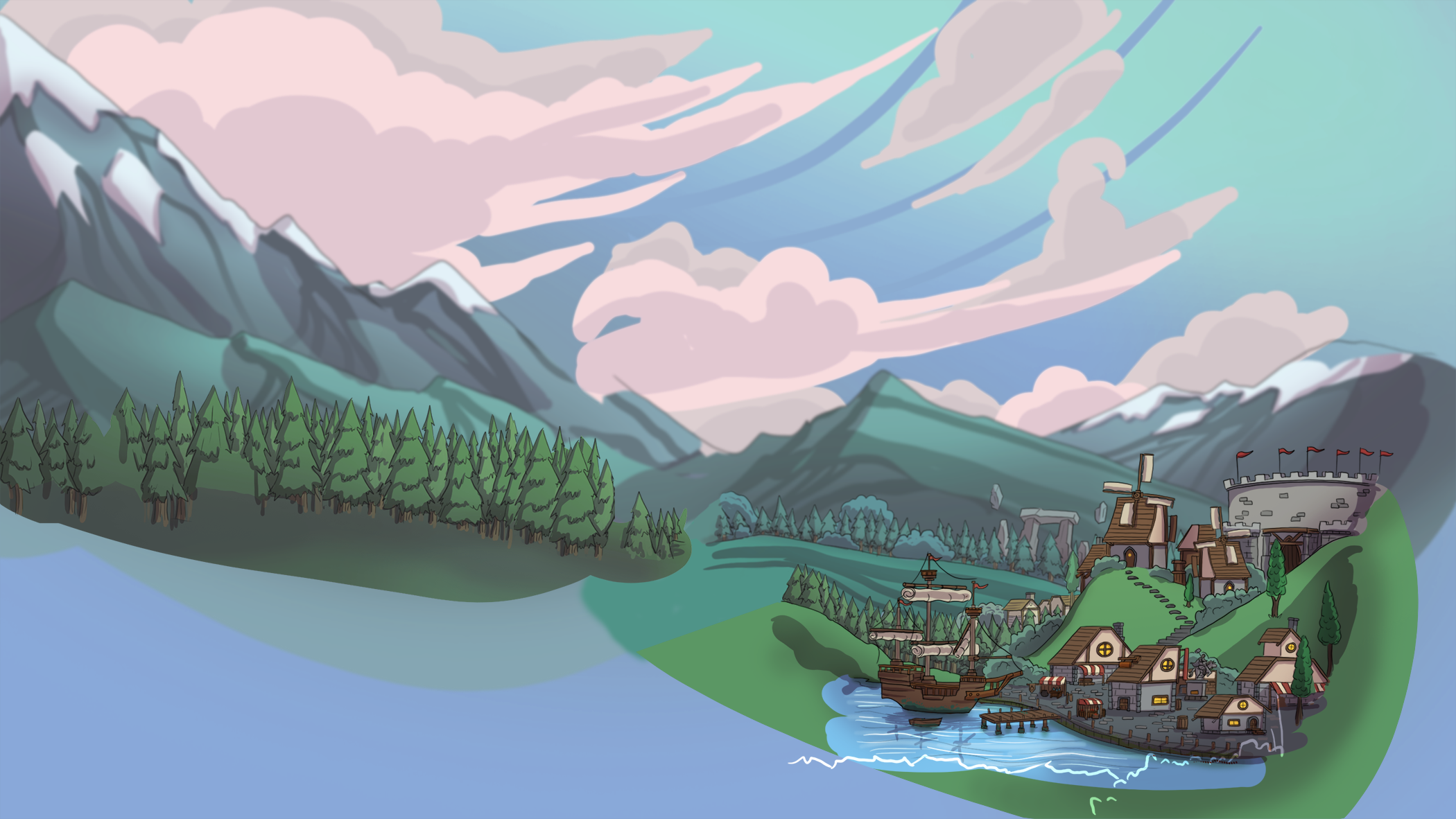 Mountains and a coastal town in Arcane Vale