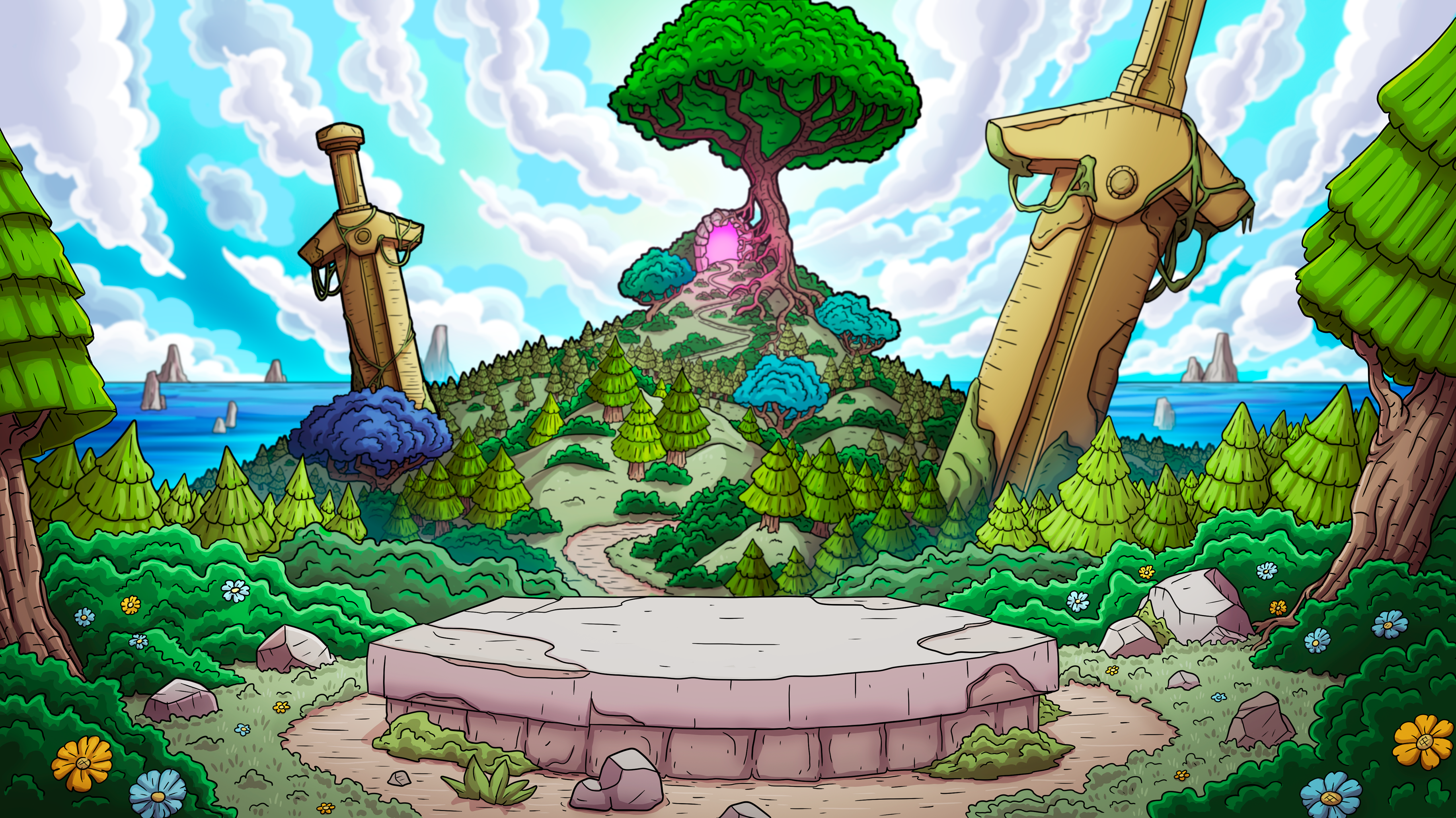 Isles of Arcana: a magical island with a towering tree and ancient swords
