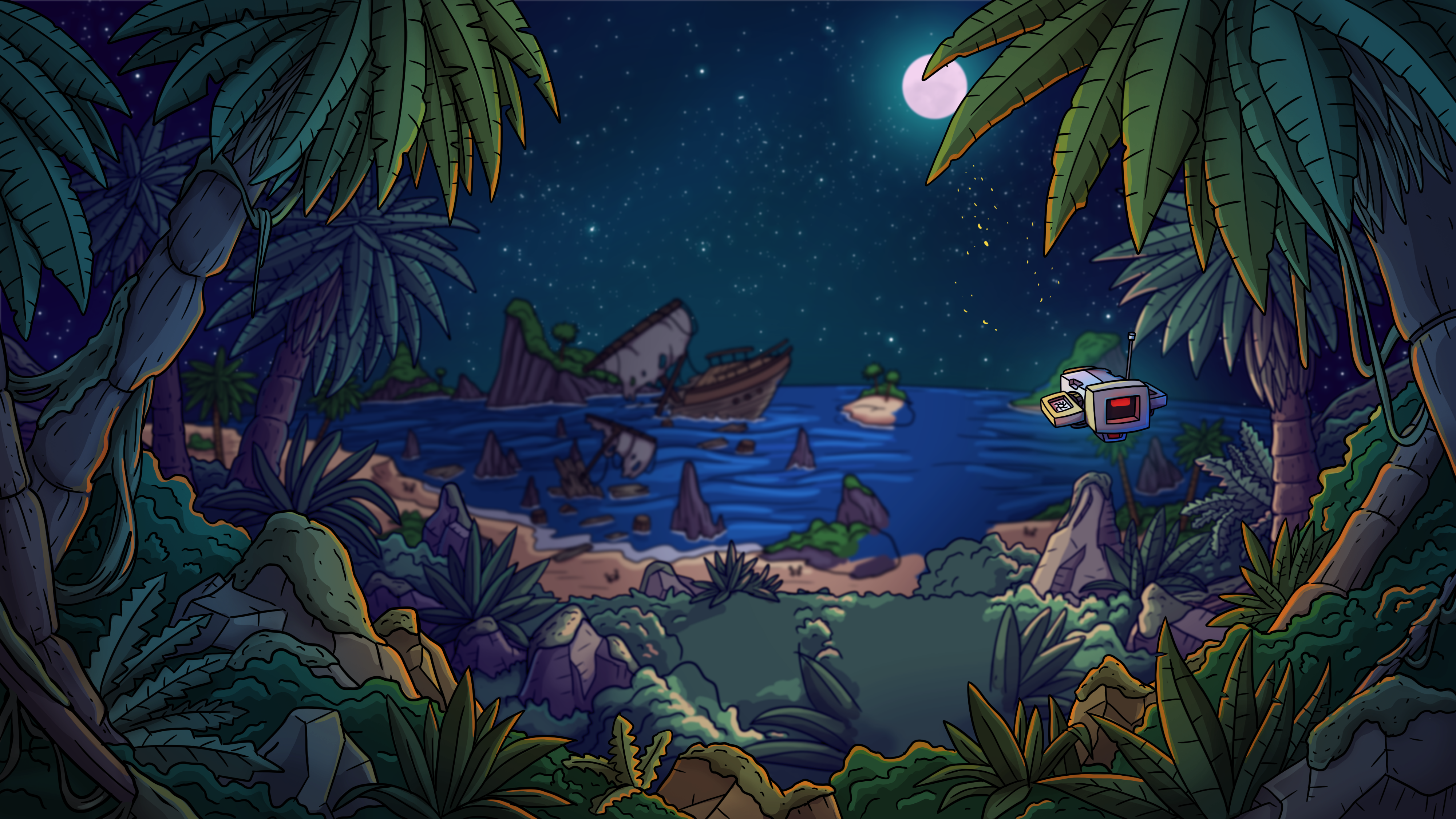 Isles of Arcana: a moonlit tropical bay and a shipwreck
